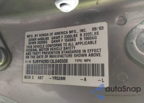 2003 Honda Element Ex z USA, uszkodzony, nr VIN 5J6YH28513L046506
